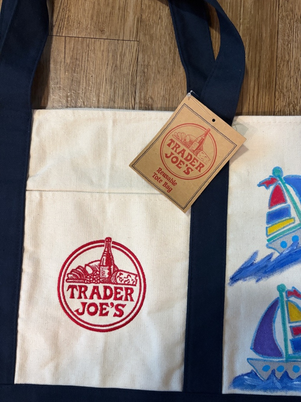 TRADER JOE’S Large Canvas Tote Bag with Sailboats Painting by@sails66  20”x14” - Picture 2 of 4